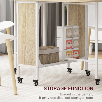 Six-Person Drop Leaf Dining Table with Wheels and Shelf - Natural/White