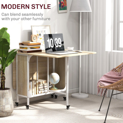 Six-Person Drop Leaf Dining Table with Wheels and Shelf - Natural/White