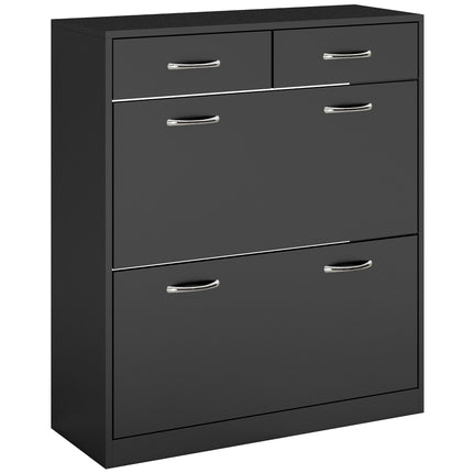 Narrow Shoe Storage Cabinet with 2 Flip Drawers & Adjustable Shelves for 12 Pairs - Black