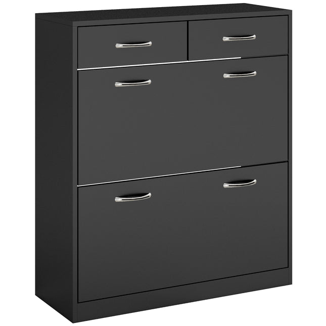 Narrow Shoe Storage Cabinet with 2 Flip Drawers & Adjustable Shelves for 12 Pairs - Black