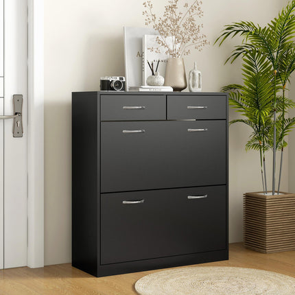 Narrow Shoe Storage Cabinet with 2 Flip Drawers & Adjustable Shelves for 12 Pairs - Black