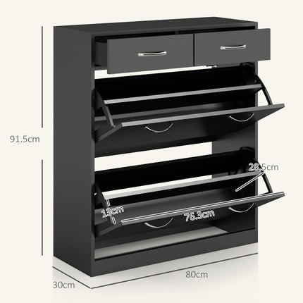 Narrow Shoe Storage Cabinet with 2 Flip Drawers & Adjustable Shelves for 12 Pairs - Black