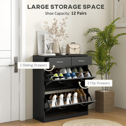 Narrow Shoe Storage Cabinet with 2 Flip Drawers & Adjustable Shelves for 12 Pairs - Black