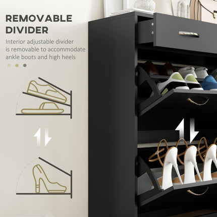 Narrow Shoe Storage Cabinet with 2 Flip Drawers & Adjustable Shelves for 12 Pairs - Black