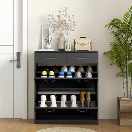 Narrow Shoe Storage Cabinet with 2 Flip Drawers & Adjustable Shelves for 12 Pairs - Black