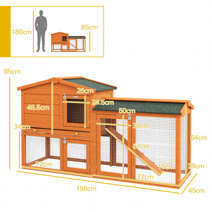 Two-Tier Rabbit Hutch with Run, Ramp & Slide-Out Tray for Garden - Orange