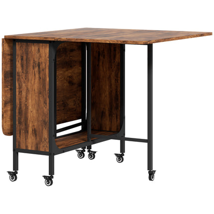 Six-Person Drop Leaf Dining Table with Storage and Wheels - Rustic Brown/Black