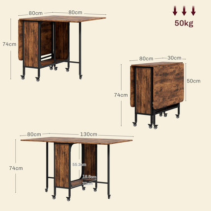 Six-Person Drop Leaf Dining Table with Storage and Wheels - Rustic Brown/Black
