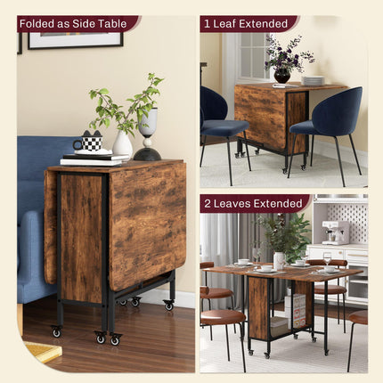 Six-Person Drop Leaf Dining Table with Storage and Wheels - Rustic Brown/Black