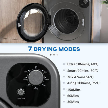 6kg Vented Tumble Dryer with 7 Programs, Freestanding, Wall Mounted & Stackable - Grey