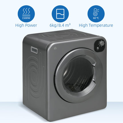 6kg Vented Tumble Dryer with 7 Programs, Freestanding, Wall Mounted & Stackable - Grey