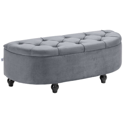 Velvet-Feel Half Circle Storage Ottoman with Button Tufting - Dark Grey