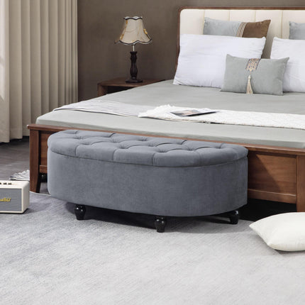 Velvet-Feel Half Circle Storage Ottoman with Button Tufting - Dark Grey
