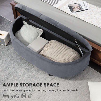 Velvet-Feel Half Circle Storage Ottoman with Button Tufting - Dark Grey