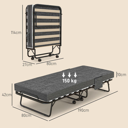 Folding Guest Bed with 10cm Mattress and Side Pockets - Dark Grey