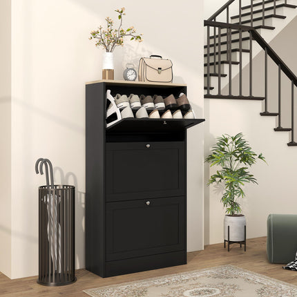Modern Compact Three-Drawer Shoe Storage Cabinet with Adjustable Shelves - Black