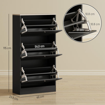 Modern Compact Three-Drawer Shoe Storage Cabinet with Adjustable Shelves - Black