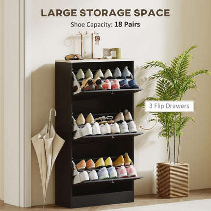 Modern Compact Three-Drawer Shoe Storage Cabinet with Adjustable Shelves - Black
