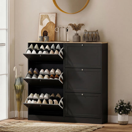 Modern Compact Three-Drawer Shoe Storage Cabinet with Adjustable Shelves - Black