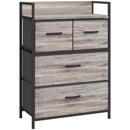Rustic Chest of Four Fabric Drawers with Steel Frame - Grey Wood Effect