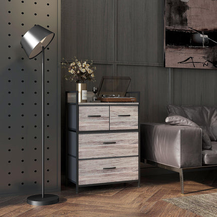 Rustic Chest of Four Fabric Drawers with Steel Frame - Grey Wood Effect