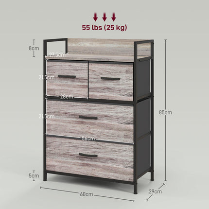 Rustic Chest of Four Fabric Drawers with Steel Frame - Grey Wood Effect