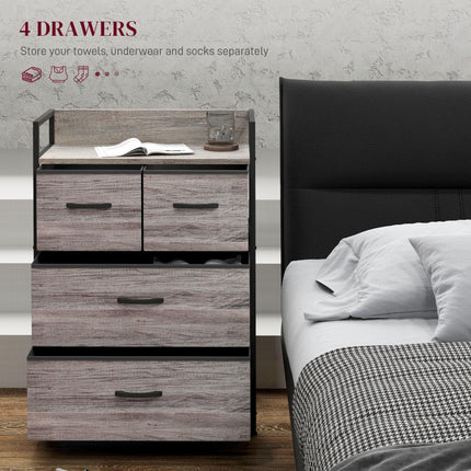 Rustic Chest of Four Fabric Drawers with Steel Frame - Grey Wood Effect