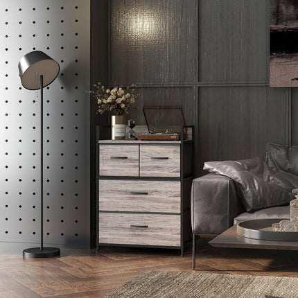 Rustic Chest of Four Fabric Drawers with Steel Frame - Grey Wood Effect