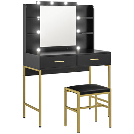 Dressing Table Set with Storage, Stool & Hollywood Lights - Black