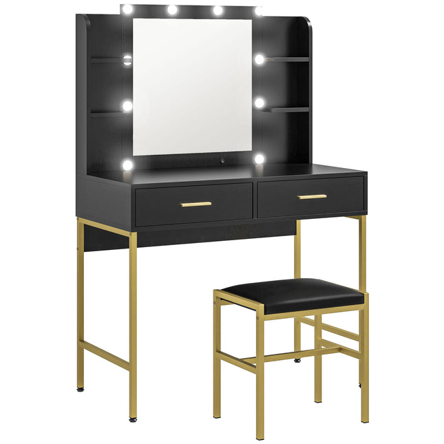 Dressing Table Set with Storage, Stool & Hollywood Lights - Black