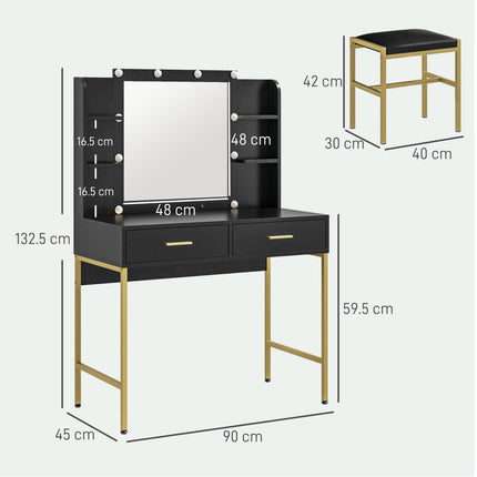 Dressing Table Set with Storage, Stool & Hollywood Lights - Black