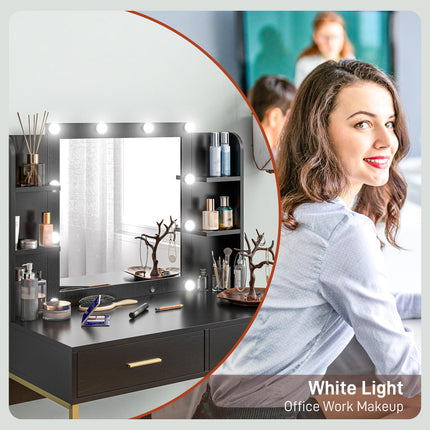 Dressing Table Set with Storage, Stool & Hollywood Lights - Black