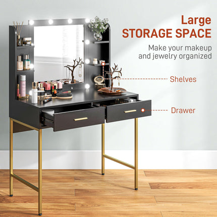 Dressing Table Set with Storage, Stool & Hollywood Lights - Black