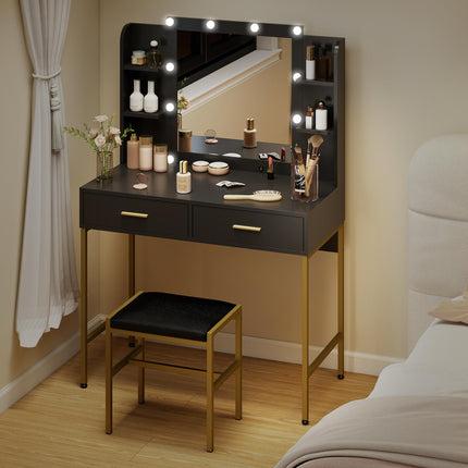 Dressing Table Set with Storage, Stool & Hollywood Lights - Black