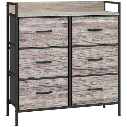 Rustic Chest of Six Fabric Drawers with Steel Frame - Grey Wood Effect