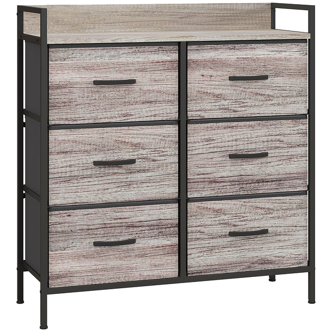 Rustic Chest of Six Fabric Drawers with Steel Frame - Grey Wood Effect