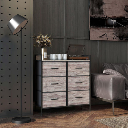 Rustic Chest of Six Fabric Drawers with Steel Frame - Grey Wood Effect