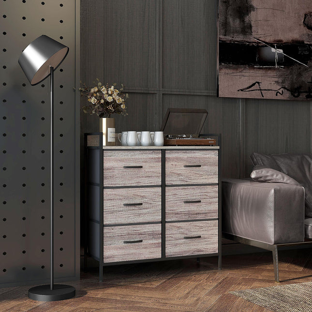 Rustic Chest of Six Fabric Drawers with Steel Frame - Grey Wood Effect