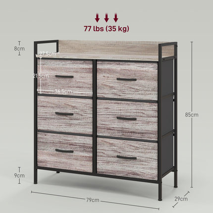 Rustic Chest of Six Fabric Drawers with Steel Frame - Grey Wood Effect