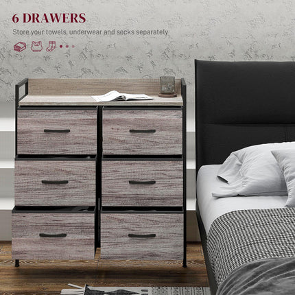 Rustic Chest of Six Fabric Drawers with Steel Frame - Grey Wood Effect