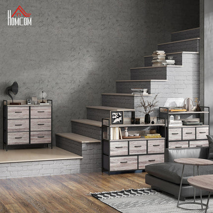 Rustic Chest of Six Fabric Drawers with Steel Frame - Grey Wood Effect