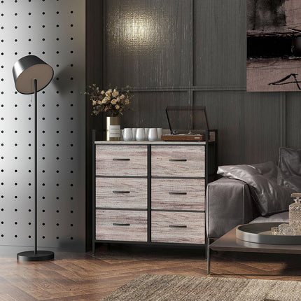 Rustic Chest of Six Fabric Drawers with Steel Frame - Grey Wood Effect