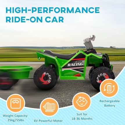 6V Toddler Quad Bike with Back Trailer for Ages 18-36 Months - Green