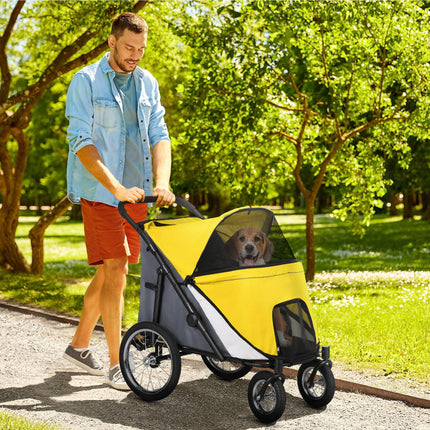 Foldable Pet Stroller for Medium & Large Dogs and Cats with Washable Cushion, Storage Bags & Safety Leash - Yellow