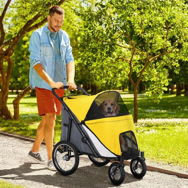 Foldable Pet Stroller for Medium & Large Dogs and Cats with Washable Cushion, Storage Bags & Safety Leash - Yellow