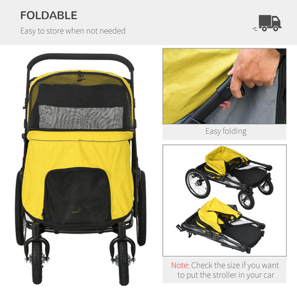 Foldable Pet Stroller for Medium & Large Dogs and Cats with Washable Cushion, Storage Bags & Safety Leash - Yellow