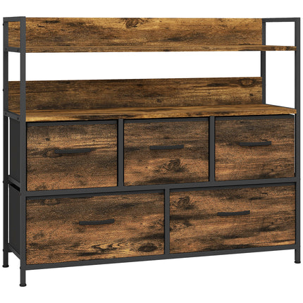 Rustic Chest of Five Fabric Drawers with Shelves - Rustic Brown
