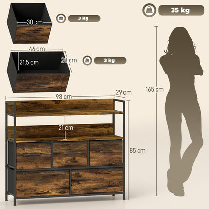 Rustic Chest of Five Fabric Drawers with Shelves - Rustic Brown