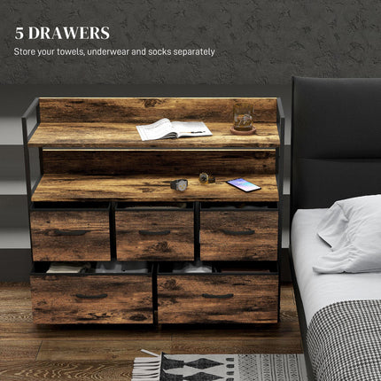 Rustic Chest of Five Fabric Drawers with Shelves - Rustic Brown