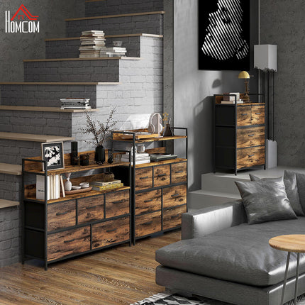 Rustic Chest of Five Fabric Drawers with Shelves - Rustic Brown